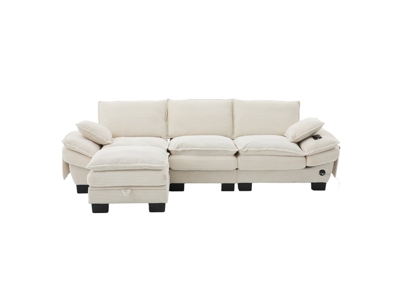  Canapé 3 places velours côtelé modulable avec pouf - port usb-c intégré, poches latérales, beige  - Conforama A
