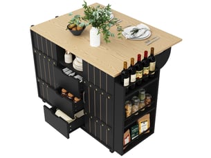 Îlot de cuisine noir avec portes coulissantes, desserte sur roulettes, chariot de cuisine avec porte-épices et porte-serviettes, plateau en mdf