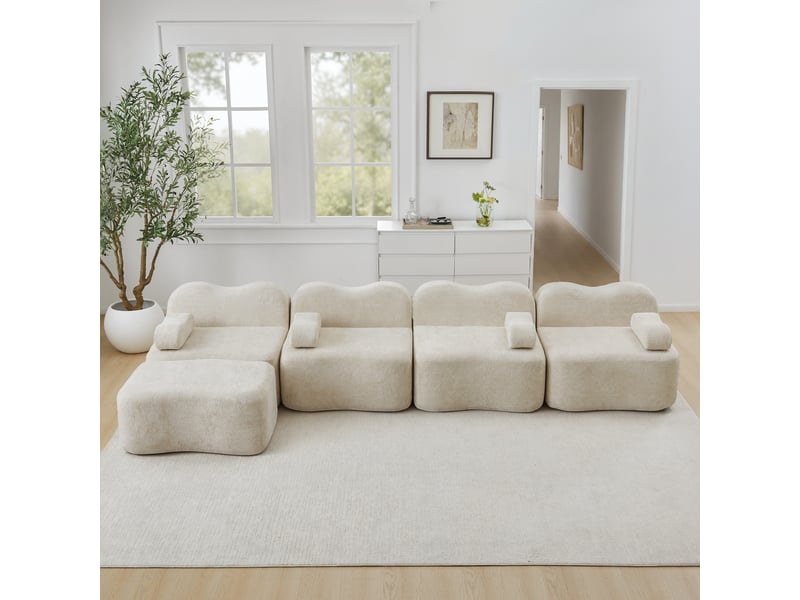  Canapé d'angle en l modulable 4 places - mousse haute densité 32d, velours beige, avec ottomane  - Conforama B