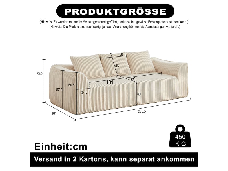 Canapé modulable 235 cm, lignes courbes, dossier incliné et accoudoirs arrondis, assise extra-large en mousse, 2 coussins, sans montage beige - Conforama D