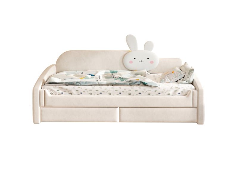  Lit banquette enfant 90x200 cm, 2 tiroirs, led, coussin lapin, rangement, mdf métal, tissu velours, beige, sans matelas  - Conforama A