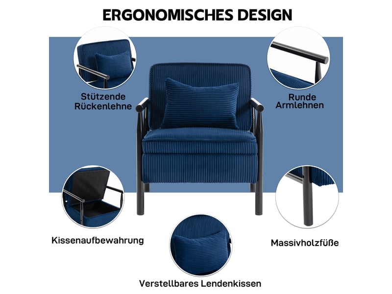  Fauteuil de lecture,83x66x73 cm,avec rangement,velours,bleu  - Conforama E