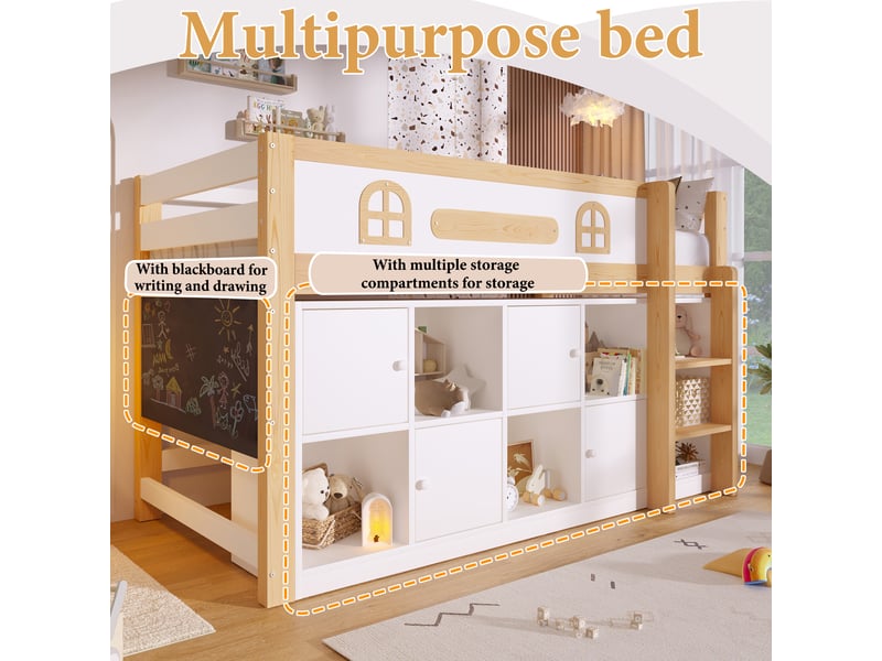  Lit mezzanine enfant 90×200 cm avec tableau noir, rangements et échelle, pin et mdf blanc naturel sans matelas  - Conforama C