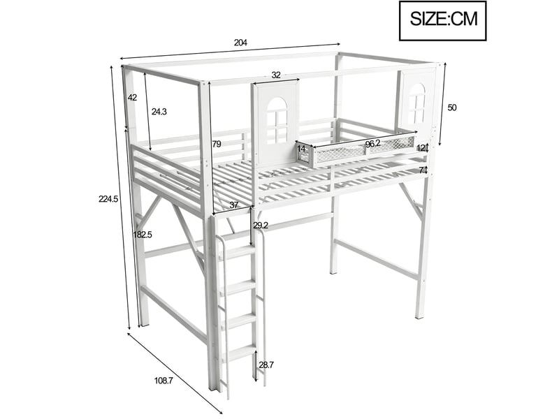 Lit mezzanine enfant 90 x 200 cm blanc en métal et mdf avec toit, échelle et étagère - Conforama E