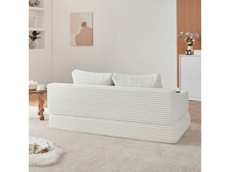 Canapé convertible 2-en-1 180 cm en velours côtelé, 2 places, porte-gobelets, poches latérales, beige, design moderne - Conforama D