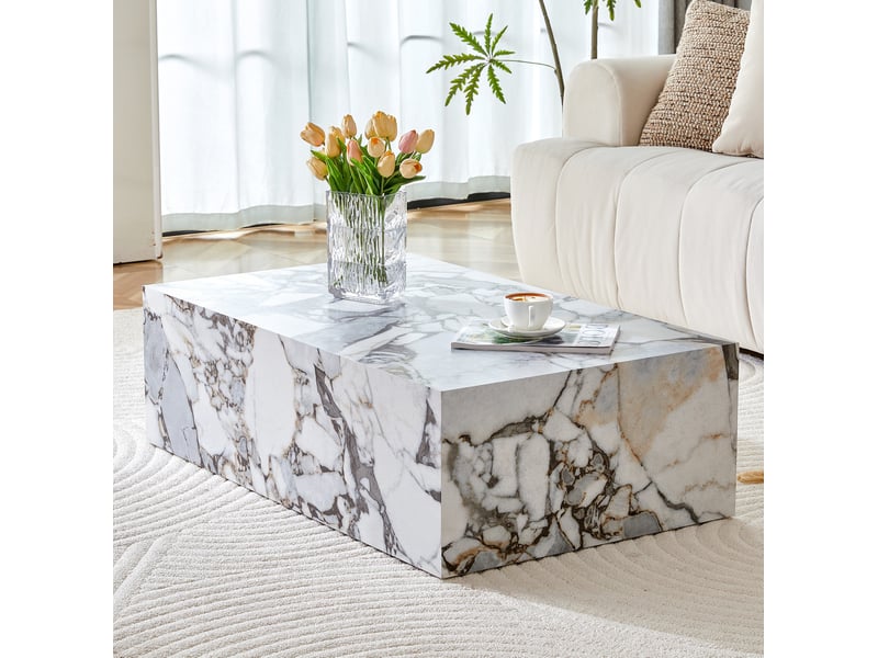  Table basse rectangulaire blanche effet marbre 90 x 50 x 30 cm en mdf, prête à l'emploi pour votre salon  - Conforama E