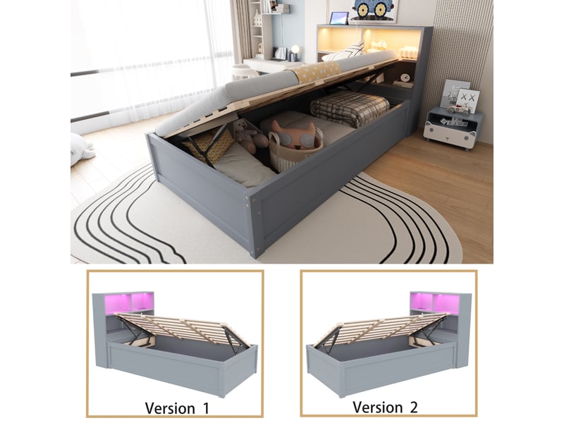 Lit banquette 200×90 cm avec rangement hydraulique, 4 compartiments, éclairage led et prises, en bois gris - Conforama E