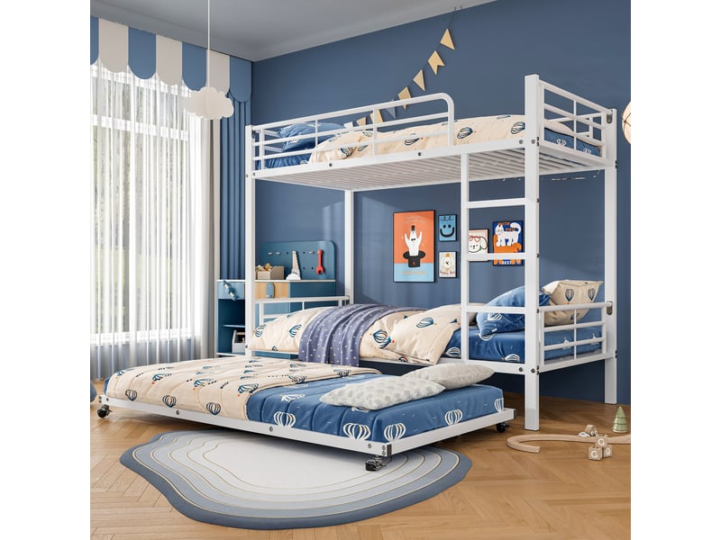  Lit superposé 3 places 90 × 200 cm et 90 × 190 cm avec lit gigogne, barrières et échelle, sans matelas, métal blanc  - Conforama C