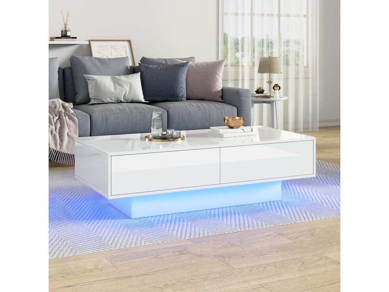  Table basse blanche brillante avec éclairage led et 2 tiroirs, 115x55x34 cm, panneaux de particules, blanc  - Conforama D