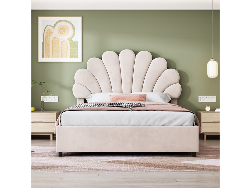  Lit coffre enfant 140x200 cm, espace de rangement, tête de lit réglable, sommier, velours beige, sans matelas  - Conforama B