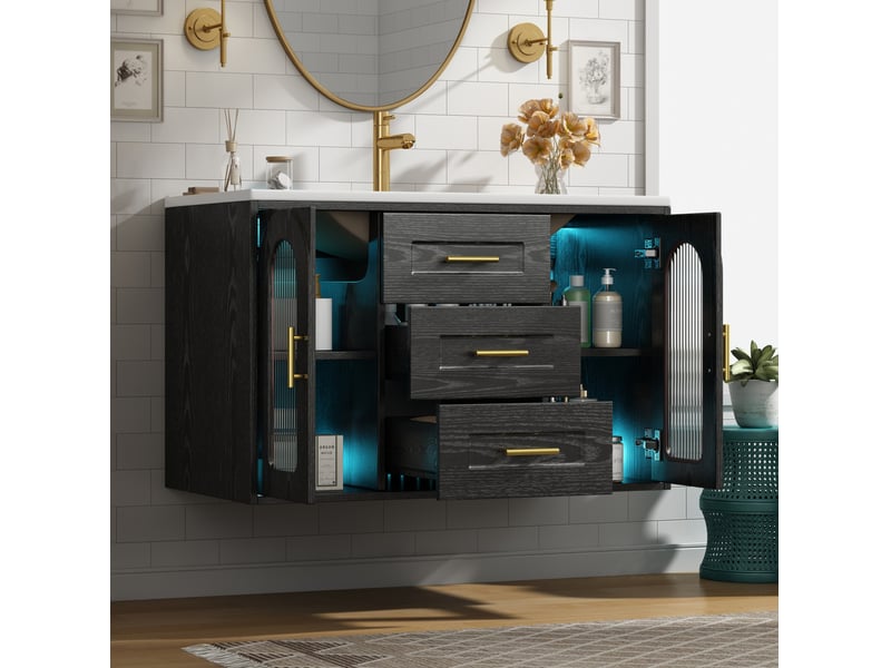  Meuble sous vasque suspendu 76x46x55 cm avec vasque et led, noir effet bois  - Conforama B