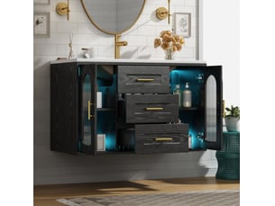 Meuble sous vasque suspendu 76x46x55 cm avec vasque et led, noir effet bois