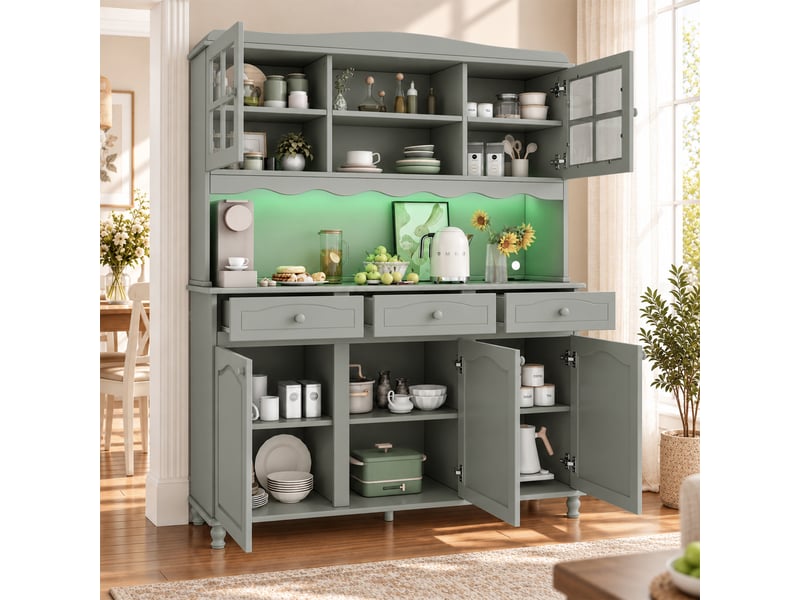 Buffet haut de salle à manger 135x40x185cm avec rangements multiniveaux, prise électrique, ports usb-ausb-c et bande led multicolore, vert evarich - Conforama E