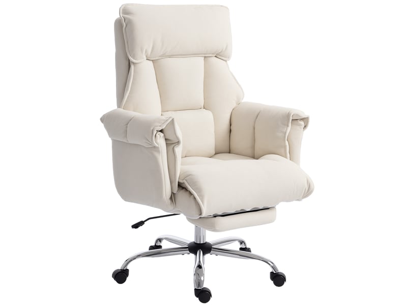  Fauteuil de bureau pivotant réglable en hauteur avec soutien lombaire et repose-pieds, revêtement en flanelle blanc crème, 80 x 80 x 106-114 cm  - Conforama A