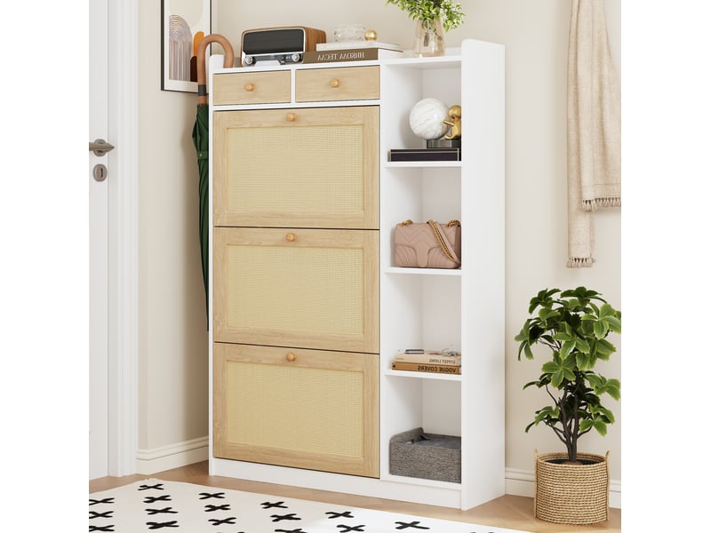  Meuble à chaussures 90x24x130 cm avec 3 abattants, 2 tiroirs blanc et naturel  - Conforama D
