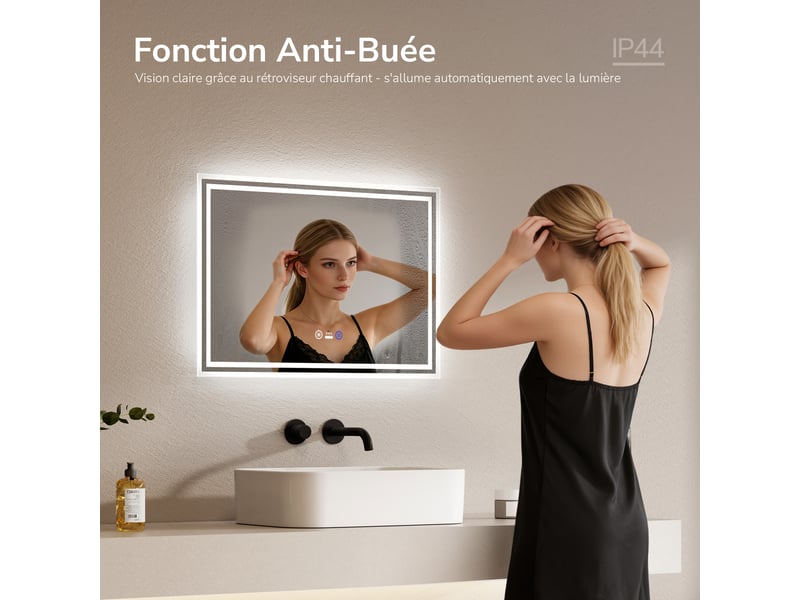  Emke miroir lumineux salle de bain 70x50cm, miroir led avec éclairage, interrupteur tactile, anti-buée, 3 couleur de lumières  - Conforama C