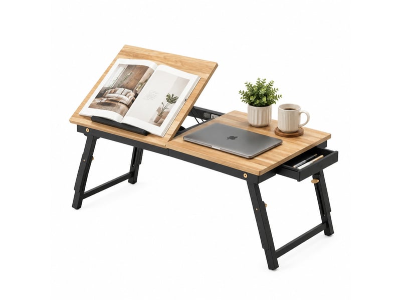  Table pour ordinateur portable 83,5 x 33 x 23,5-34 cm en bambou et mdf réglable inclinable avec tiroir chêne et noir chicfurn  - Conforama A