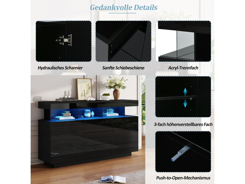  Buffet, 140 x 35 x 80 cm, bahut meuble de rangement avec lumineuse led, pour salle à manger, cuisine et couloir, noir  - Conforama E