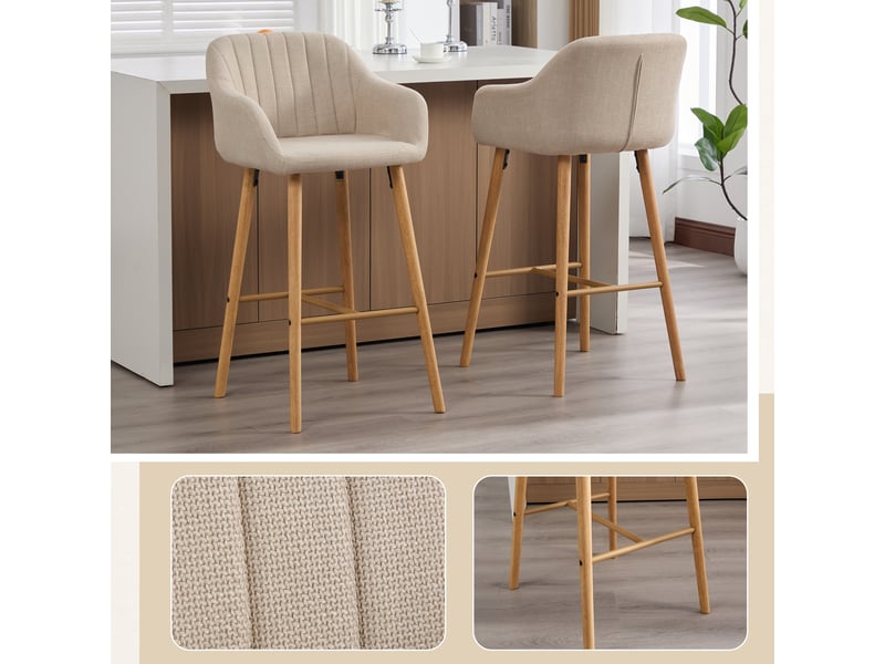 Lot de 2 tabourets de bar 58,5x55x104 cm, dossier haut, accoudoirs, meuble de cuisine, meuble de salon, tissu lin beige  - Conforama E