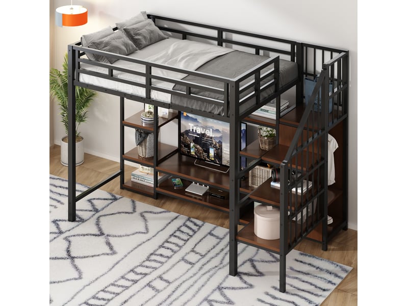  Lit mezzanine 90x200 support télévision, prise intégrée, échelle sécurisée, gain de place, métalmdf, noir sans matelas  - Conforama W