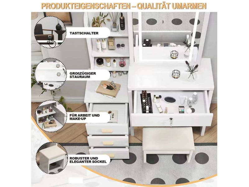  Coiffeuse élégante avec miroir led 85x36x130 cm, table de maquillage, tabouret, grand rangement, 4 tiroirs, mdf blanc  - Conforama D