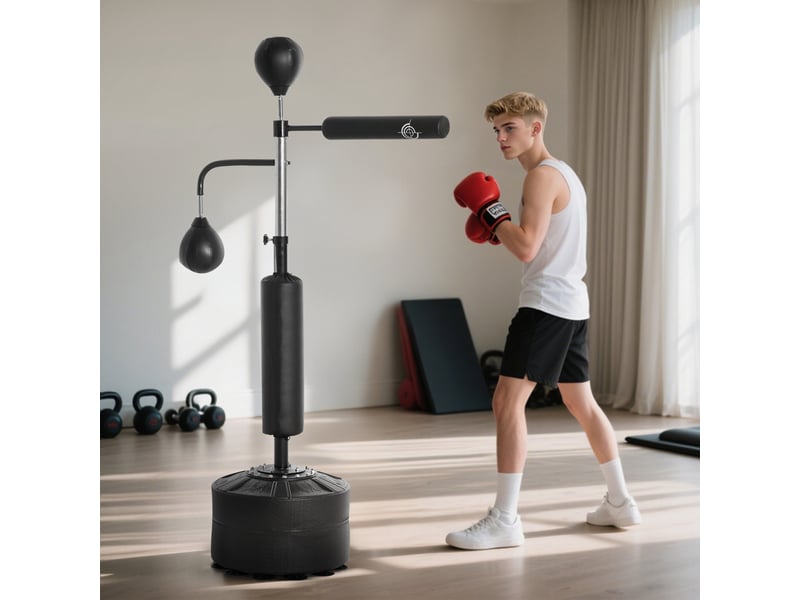 Sac de frappe autoportant 4 en 1 avec 2 balles de frappe, barre rotative et sac de frappe, hauteur réglable de 160 à 230 cm, noir  - Conforama C