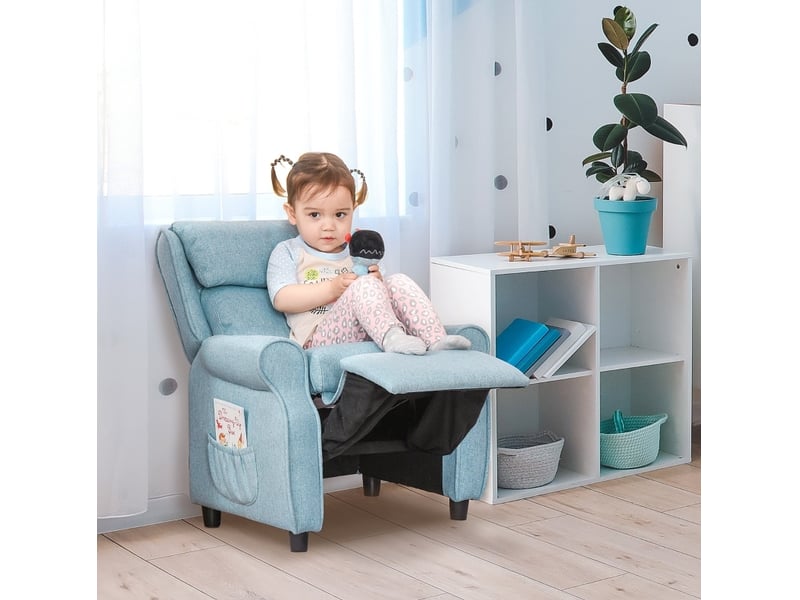 Fauteuil enfant avec repose-pieds et dossier réglables, bleu en lin, convertible en chaise longue, 3 à 5 ans - Conforama E