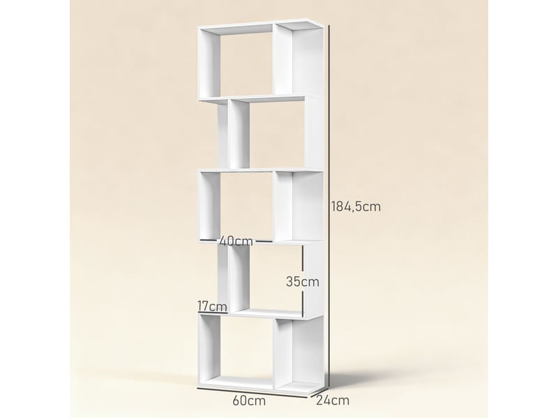  Bibliothèque en forme de s à 5 niveaux avec 10 étagères pour chambre, bureau, 60 x 24 x 184,5 cm, blanche  - Conforama E
