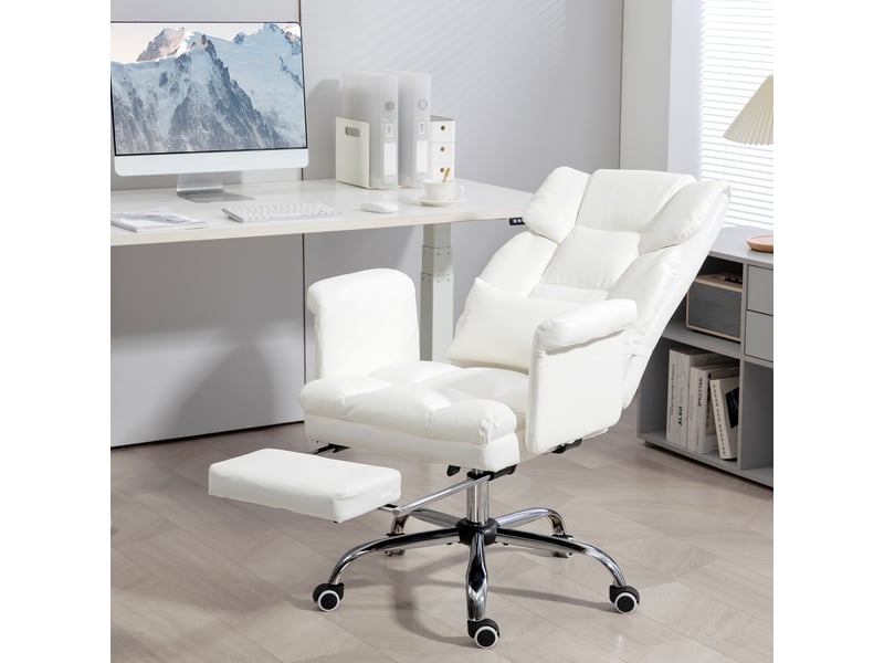  Chaise de bureau ergonomique inclinable 155° avec repose-pieds - lpospi - pivotante réglable, simili cuir blanc  - Conforama B