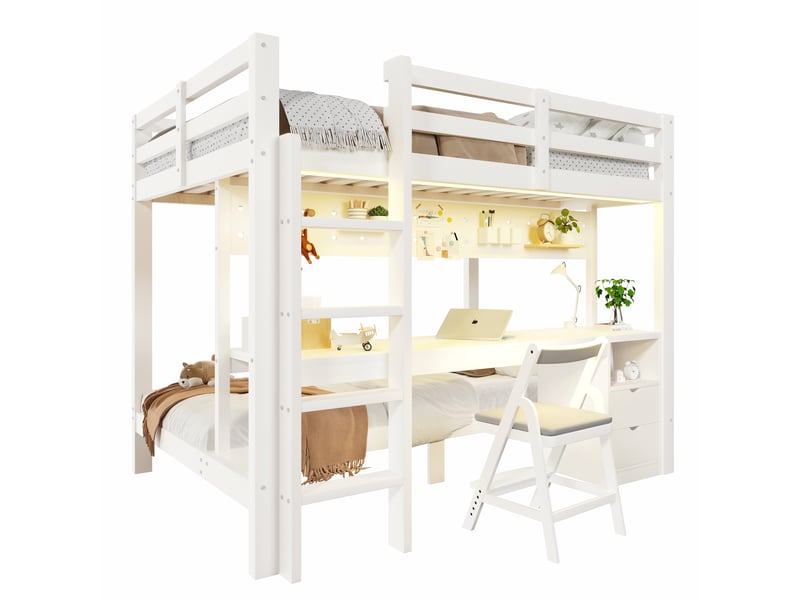 Lit superposé multifonction 140x20090x200 cm, bureau intégré, tiroirs, panneau perforé, led multicolore, bois blanc et naturel Radiant Stride - Conforama A