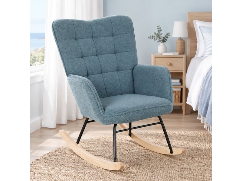  Fauteuil à bascule rembourré avec dossier haut et accoudoirs, en polyester bleu clair, 98 × 71 × 101 cm  - Conforama B