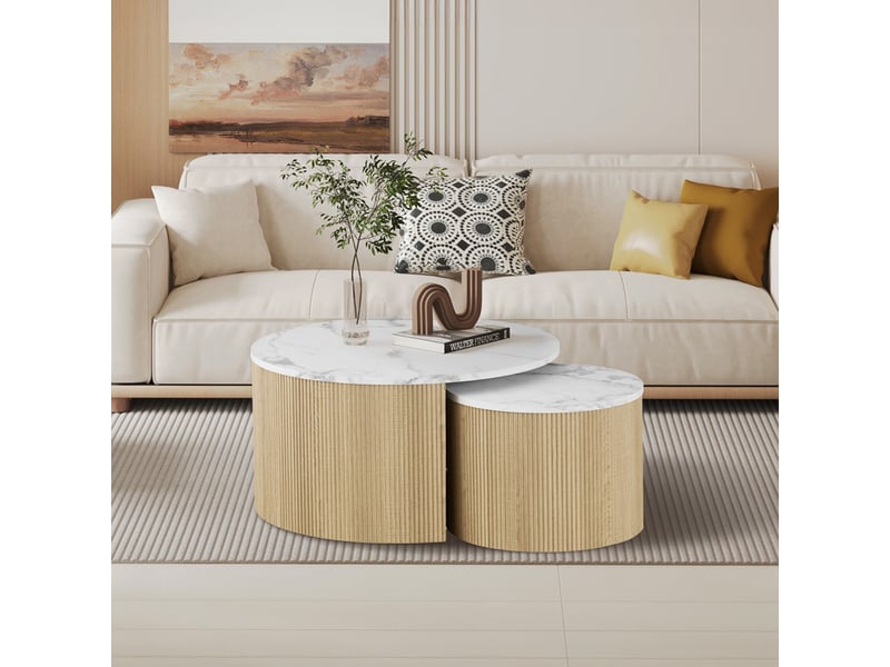  Lot de 2 tables basses rondes gigognes couleur marbre et bois  - Conforama D