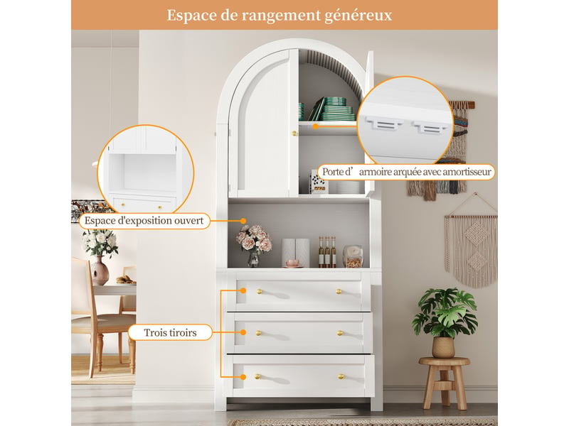  Meuble de cuisine muvano, buffet haut blanc à sommet arrondi, 3 tiroirs, 70 × 35 × 180 cm  - Conforama E