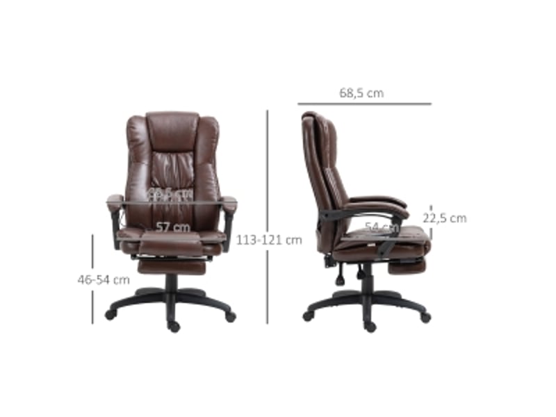  Fauteuil de bureau avec repose-pieds, massage et appui-tête, marron, inclinable à 135°  - Conforama B