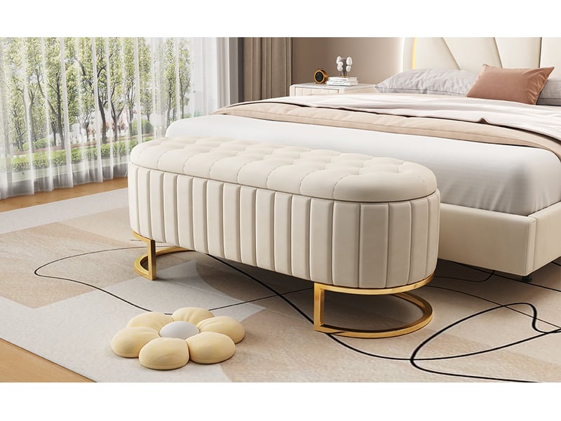  Banc coffre rembourré 120x39,9x43 cm en velours beige avec rangement  - Conforama D
