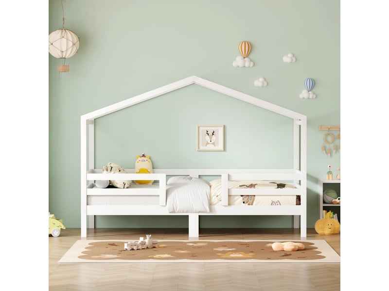  Lit cabane 90x200cm - lit enfant en pin massif avec structure toit, barrière de sécurité &amp; sommier à lattes - blanc  - Conforama D