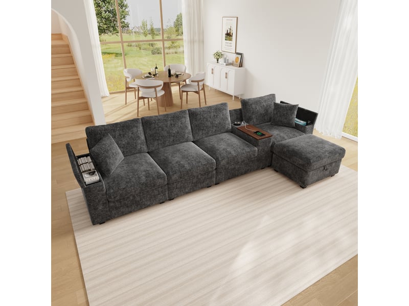 Canapé d'angle modulable gris 5 places avec pouf - tissu chenille, ports usbtype-c, table pivotante - Conforama D