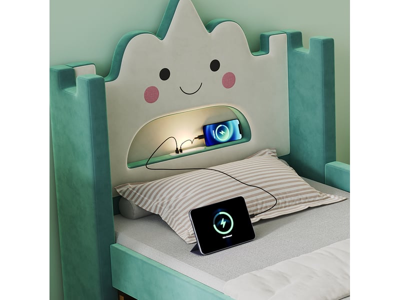  Lit enfant, 90x200 cm, led usb et tiroir, chambre, solution pratique, matelas non inclus, bois, coloris bleu et vert  - Conforama E