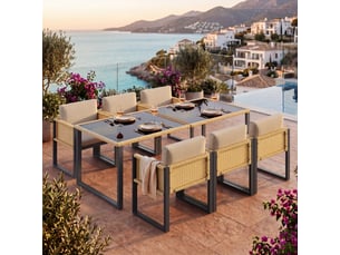 Ensemble repas de jardin en polyrotin 6 places, fauteuils, housses lavables