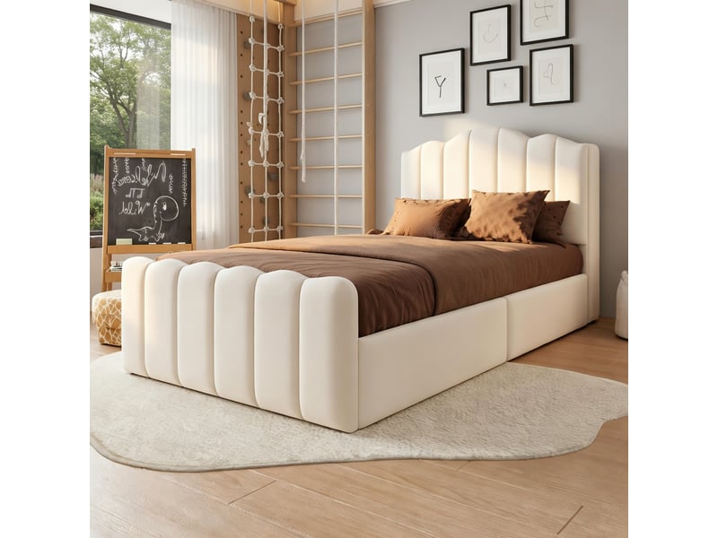 Lit d'enfant 90 x 200 cm, équipé de ports de recharge usb et usb-c, en velours, beige - Conforama D