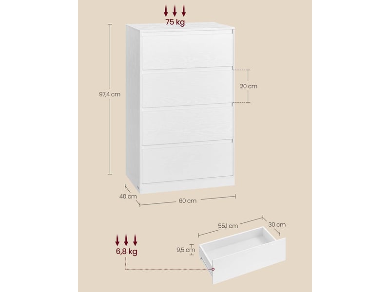  Commode de rangement moderne 40 x 60 x 97,4 cm avec 4 tiroirs style épuré chambre en aggloméré blanc neige 12_0012451  - Conforama B