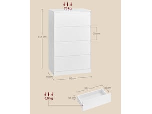 Commode de rangement moderne 40 x 60 x 97,4 cm avec 4 tiroirs style épuré chambre en aggloméré blanc neige 12_0012451