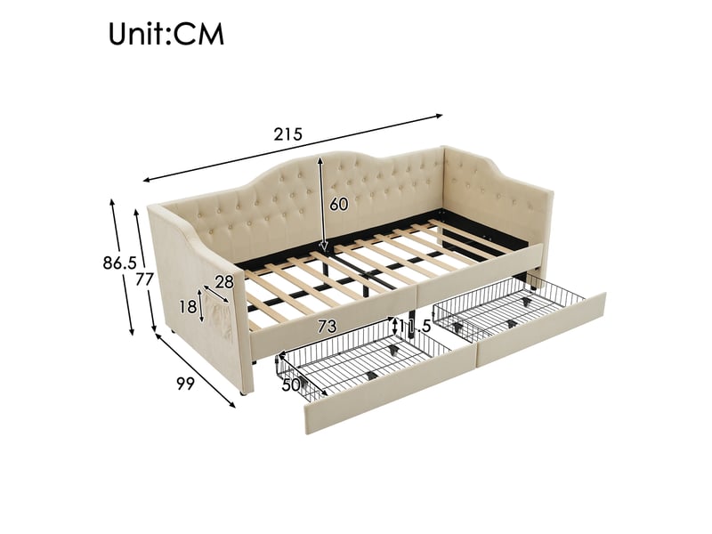  Modenvie lit de jour 90x200 cm - avec ports usb et usb-c, 2 tiroirs, sans matelas - beige  - Conforama C