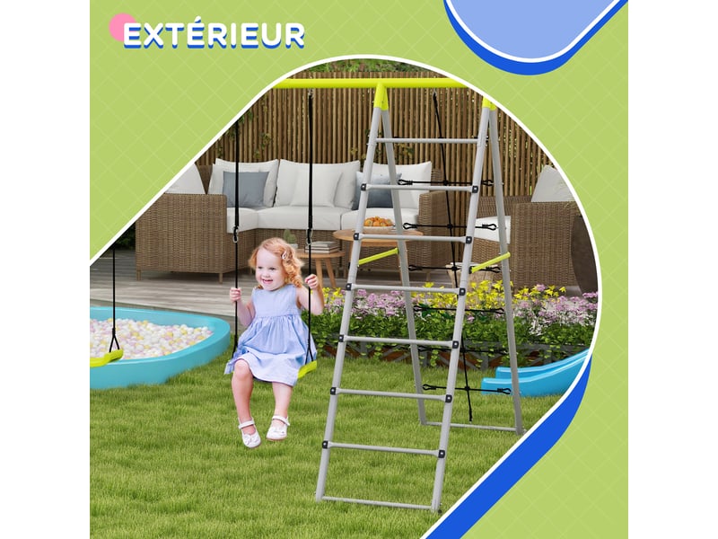  4 en 1 balançoire portique pour enfant avec 2 siège de balançoire échelle grimpeuse et filet d'escalade vert  - Conforama R