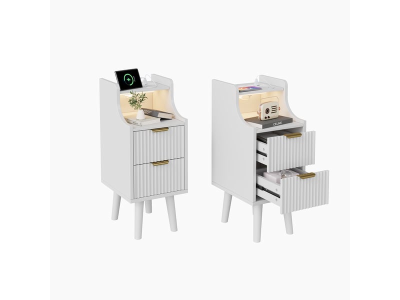  Lot de 2 tables de chevet blanches à 2 tiroirs, finition cannelée, bandeau led 3 couleurs, station de charge eu, rangement ouvert, pieds en bois, table d’appoint multifonction  - Conforama A