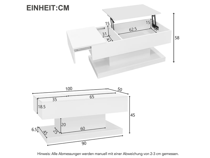  Table basse 100x50x45 cm rectangulaire, rangement caché, led, plateau relevable et coulissant, pour salon, pb, blanc  - Conforama C
