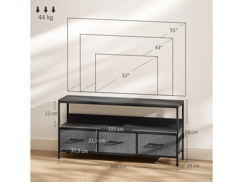 Meuble tv, meuble télé pour téléviseur jusqu'à 55 pouces avec 3 tiroirs et pieds en acier 120 x 29 x 56 cm noir  - Conforama C