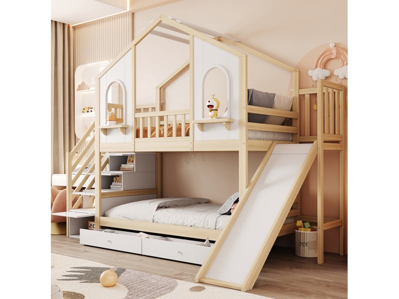  Modenvie lit superposé enfant 90x200 cm - avec toboggan, rangement intégré - pour chambre d'enfant - bicolore  - Conforama D