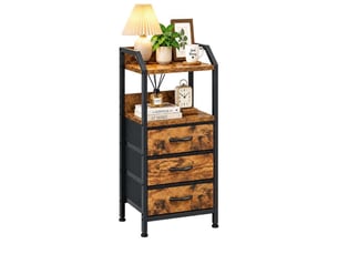 Table de chevet 40x30x75 cm trois tiroirs tissu etagere ouverte marron rustique noir