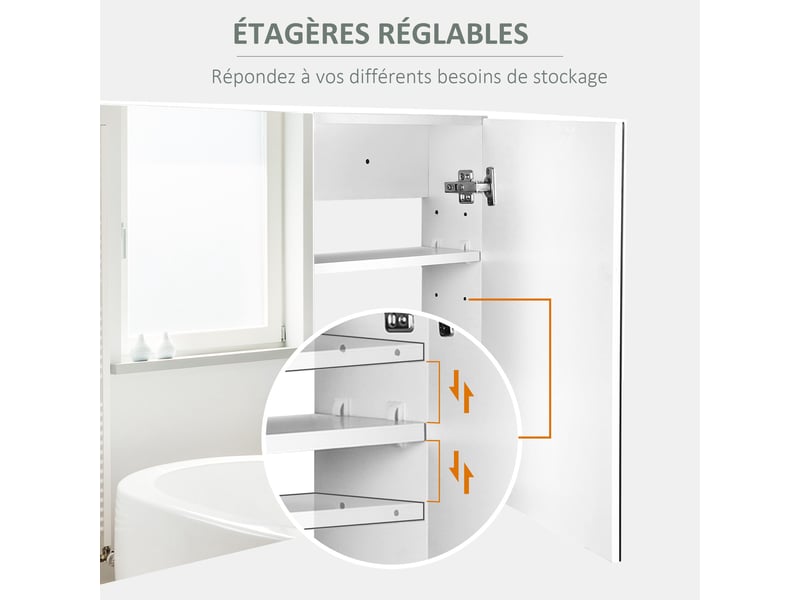  Armoire murale salle de bain avec miroir, 80 x 15 x 60 cm, meuble salle de bain, blanc, armoire de toilette avec double portes et étagères réglables  - Conforama E